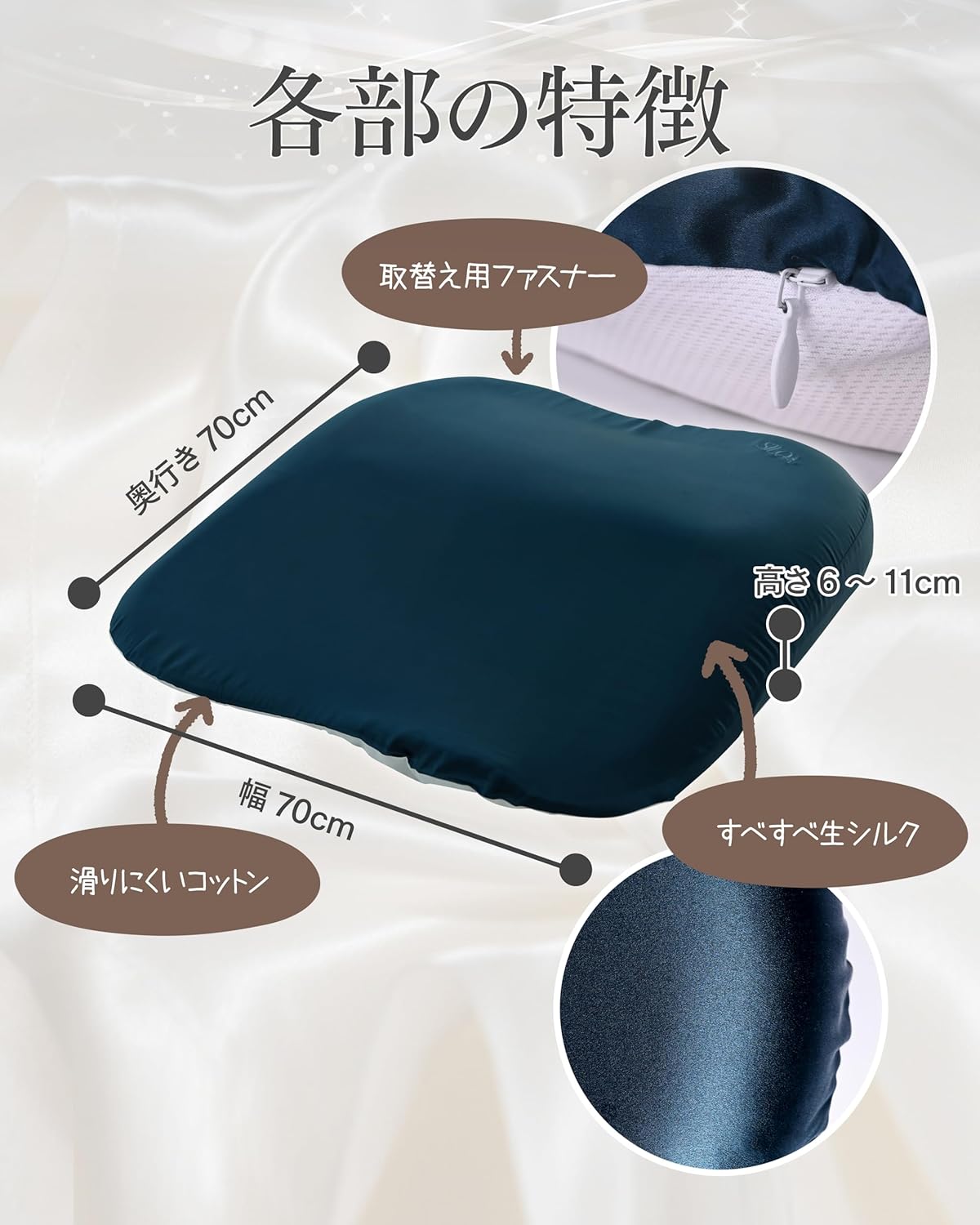 交換用シルク枕カバー ラージ ネイビー 各部の特徴